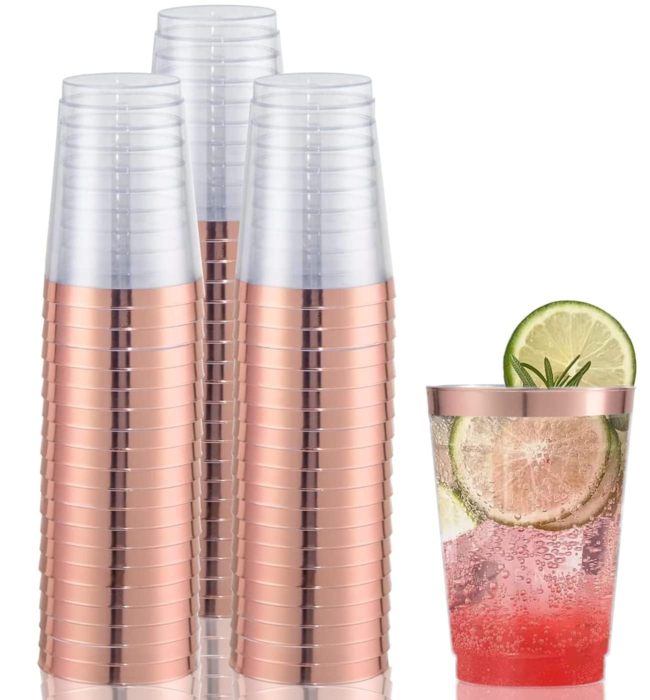 Khazna Rose Gold Rimmed Plastic Cup, 10oz Clear Plastic Cups Tumblers, Fancy Disposable Hard Plastic Cups with Gold Rim for Wedding Cups Elegant Party Cup(25 Pack)