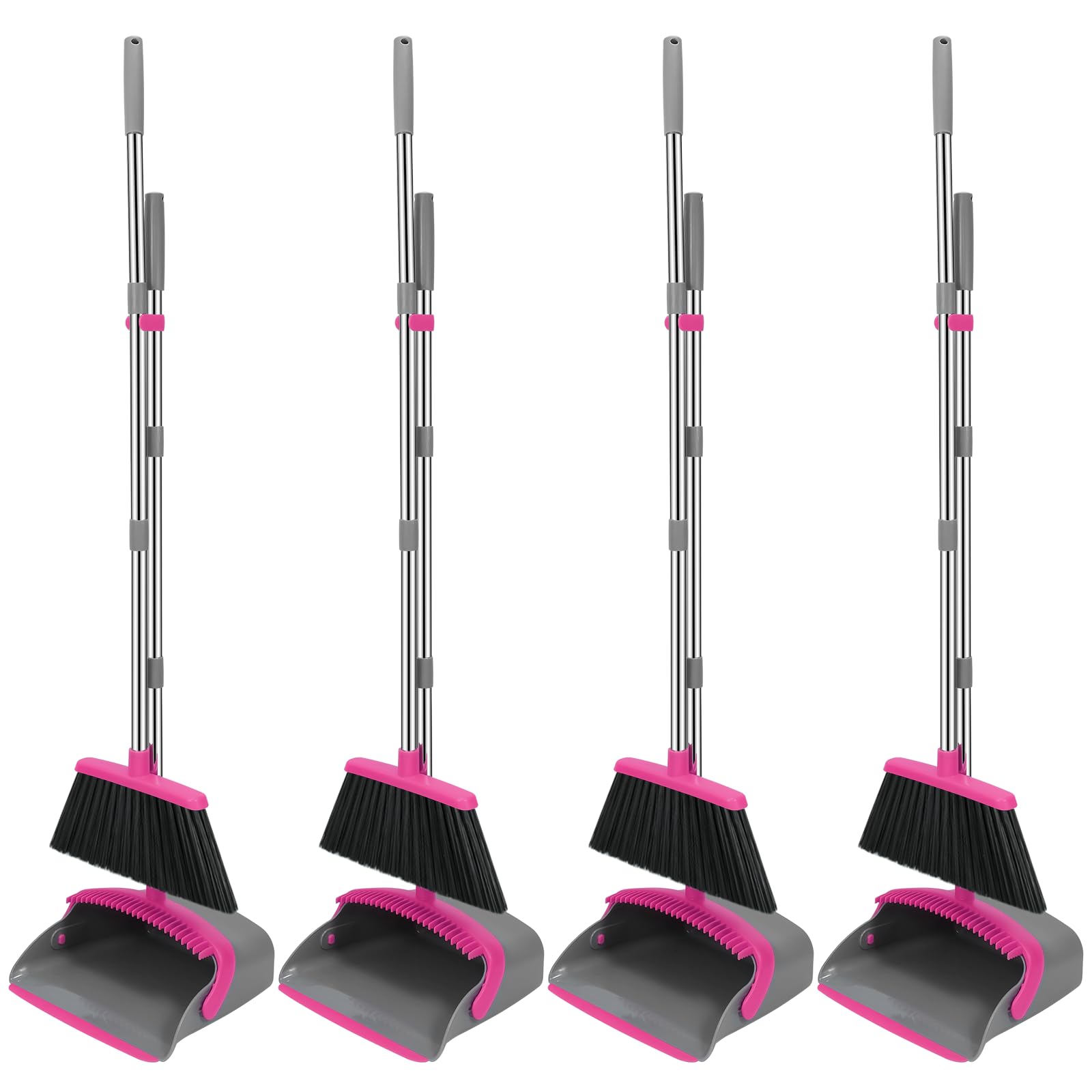 NACENA Set di scopa e paletta, manico regolabile lungo 132,1 cm, con denti per pulire automaticamente i capelli, adatto per casa, cucina, ufficio, corridoio, pavimento (grigio e rosa), confezione da 4