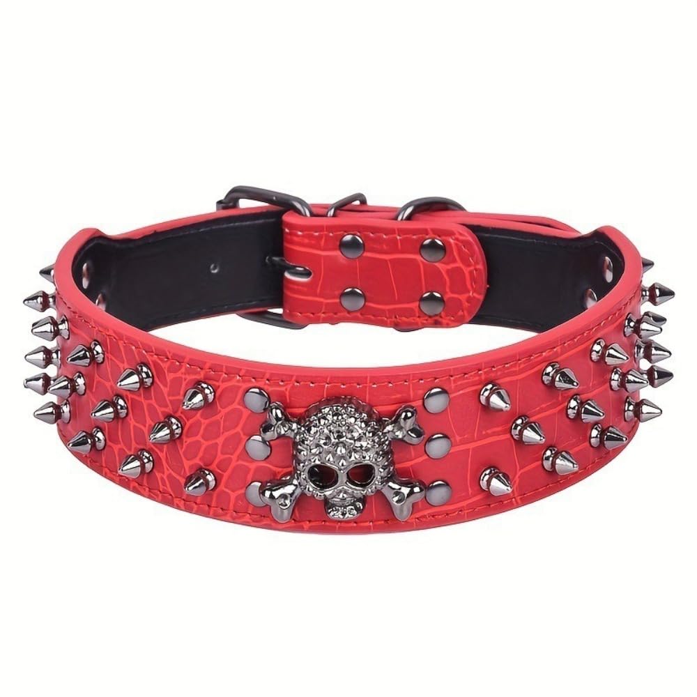 Skull Rivet Pet Collar,Sharp Spiked Studded Dog Collar,Stylish Leather Halloween Dog Collar for Medium & Large Dogs Pitbull,Labrador,Boxer (Red, M)