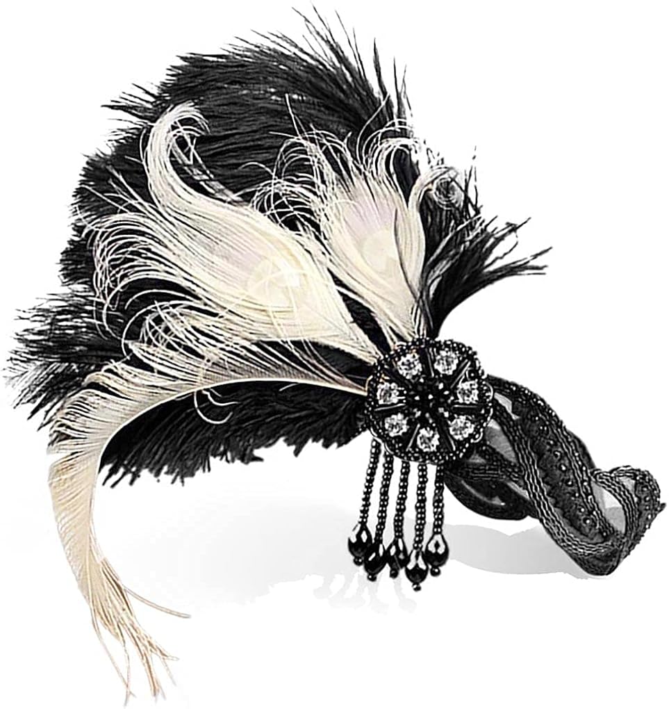 Miniatura 2 de Flapper Girl - Diadema de plumas de avestruz, color negro y marfil, talla única