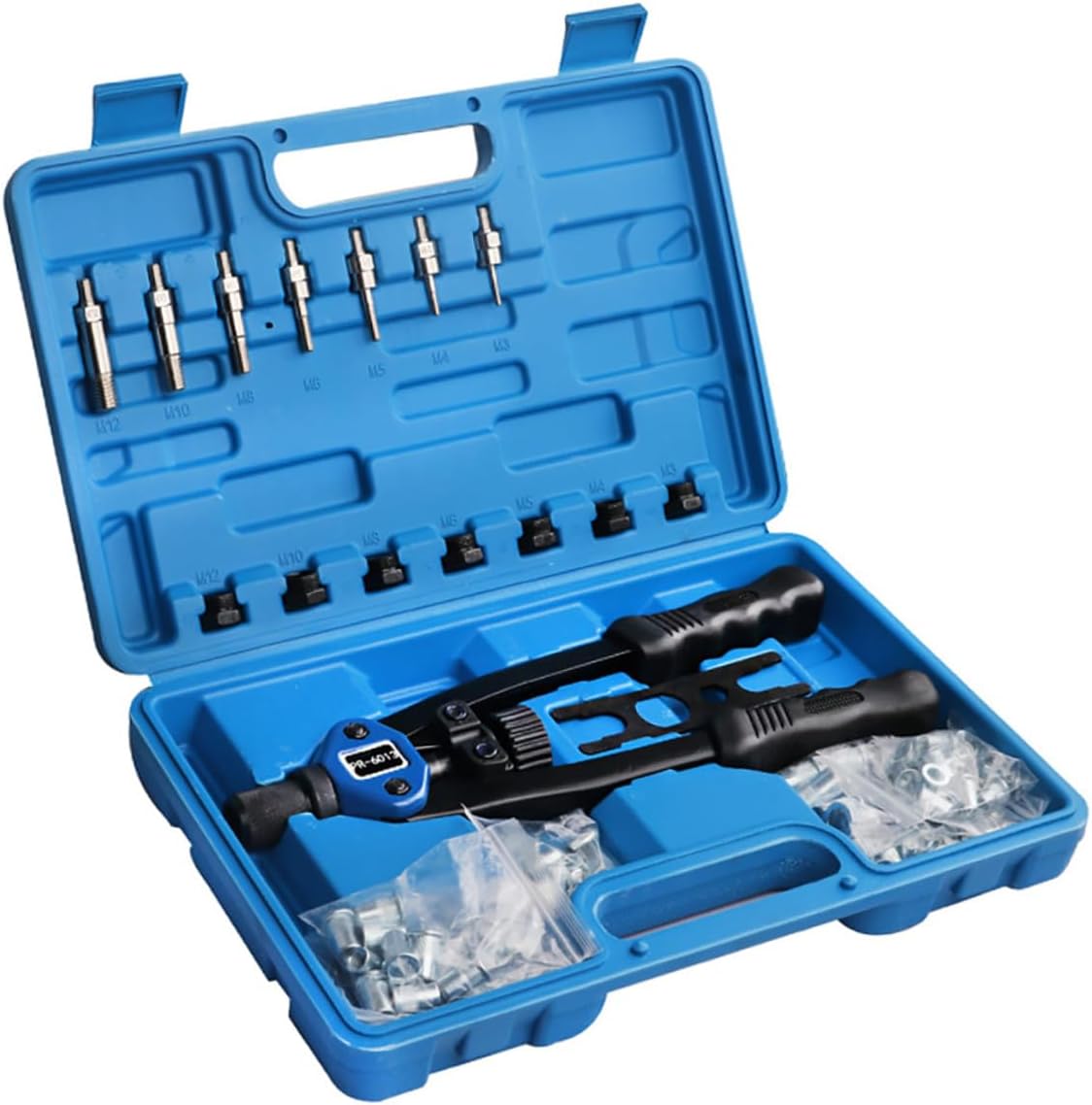 140pcs Hand Rivet Nut Tool Kit with M3- Threaded Rivets and Mandrels, Manual Riveter Setter Set in Plastic Case for Automotive Repair and DIY Maintenance