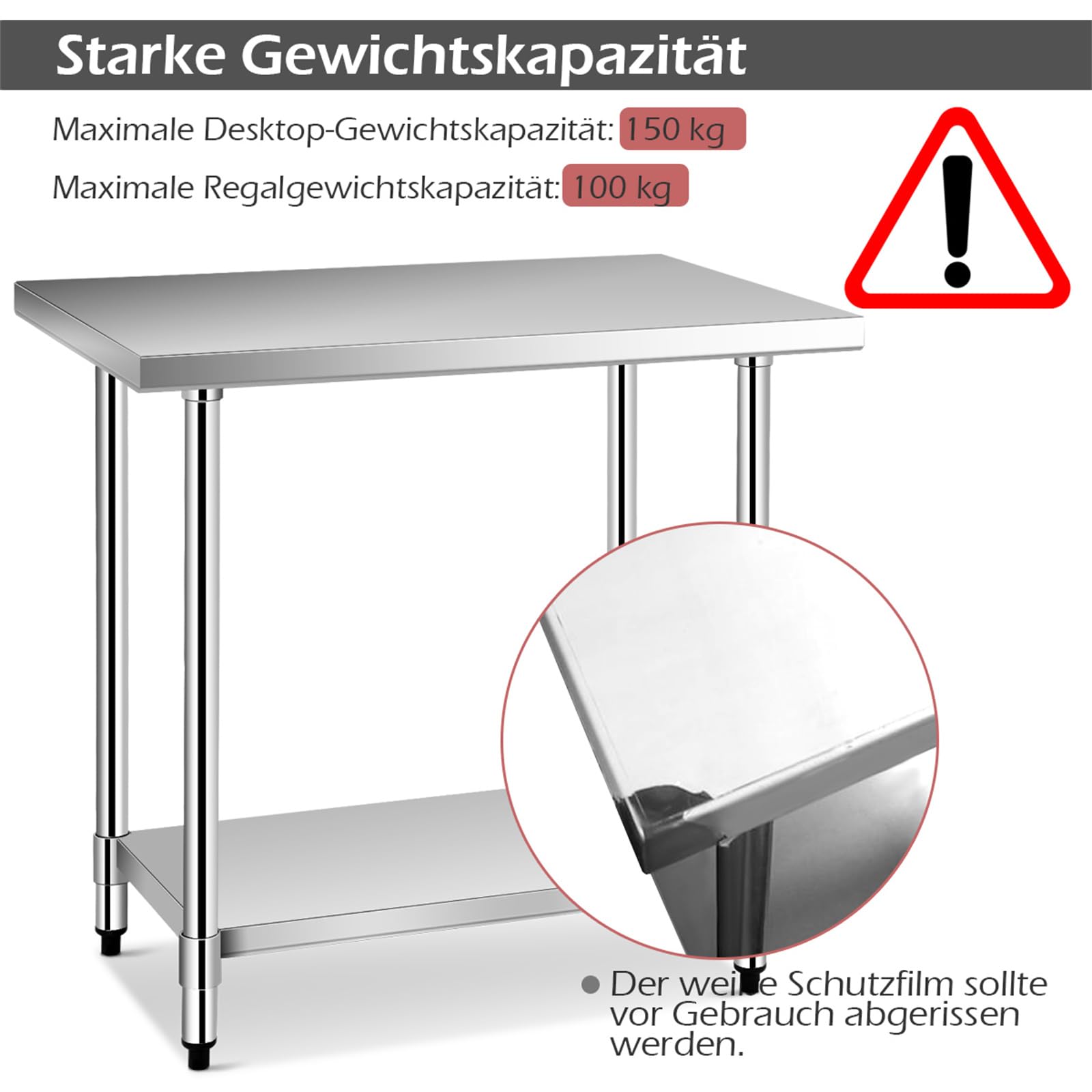 COSTWAY Stół Kuchenny Ze Stali Nierdzewnej Z Półką o Regulowanej Wysokości, Roboczy, Gastronomiczny, Przygotowawczy Z Półblatem (92 x 61 x 90 cm)