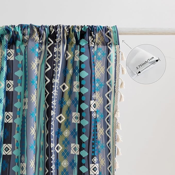 Image of Navy Blue Geometric Curtains 96 Inches Long, Boho Farmhouse Light Filtering Rod Pocket Drapes with Tassel Trim for Bedroom Living Room, 2 Panels