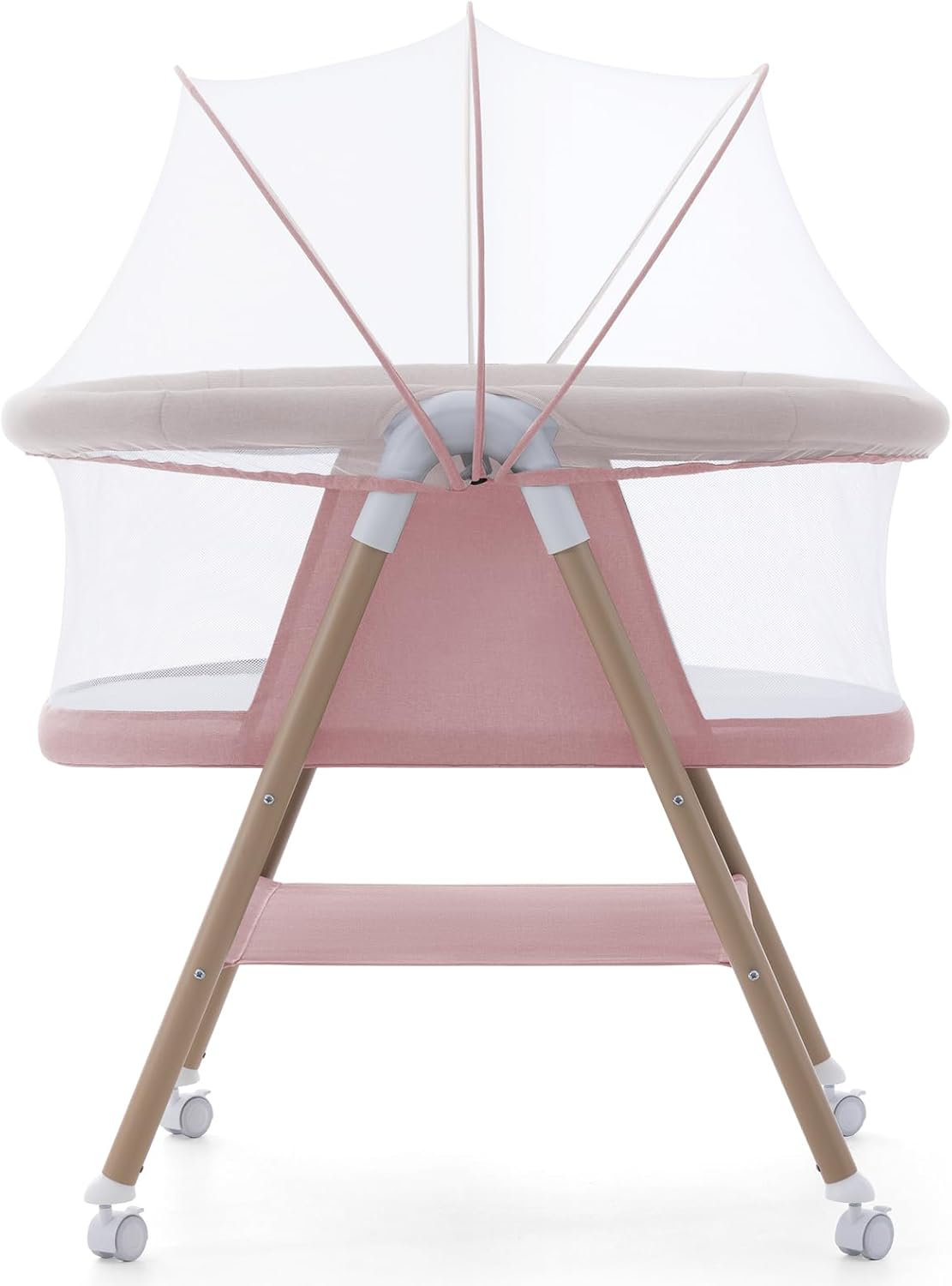 Jaoul Baby Bassinet, Portable Baby Travel Crib for Baby Bed with Wheels Comfy Mattress Mosquito Net Storage for Infant Newborn Lightweight and Breathable Mesh Design Pink