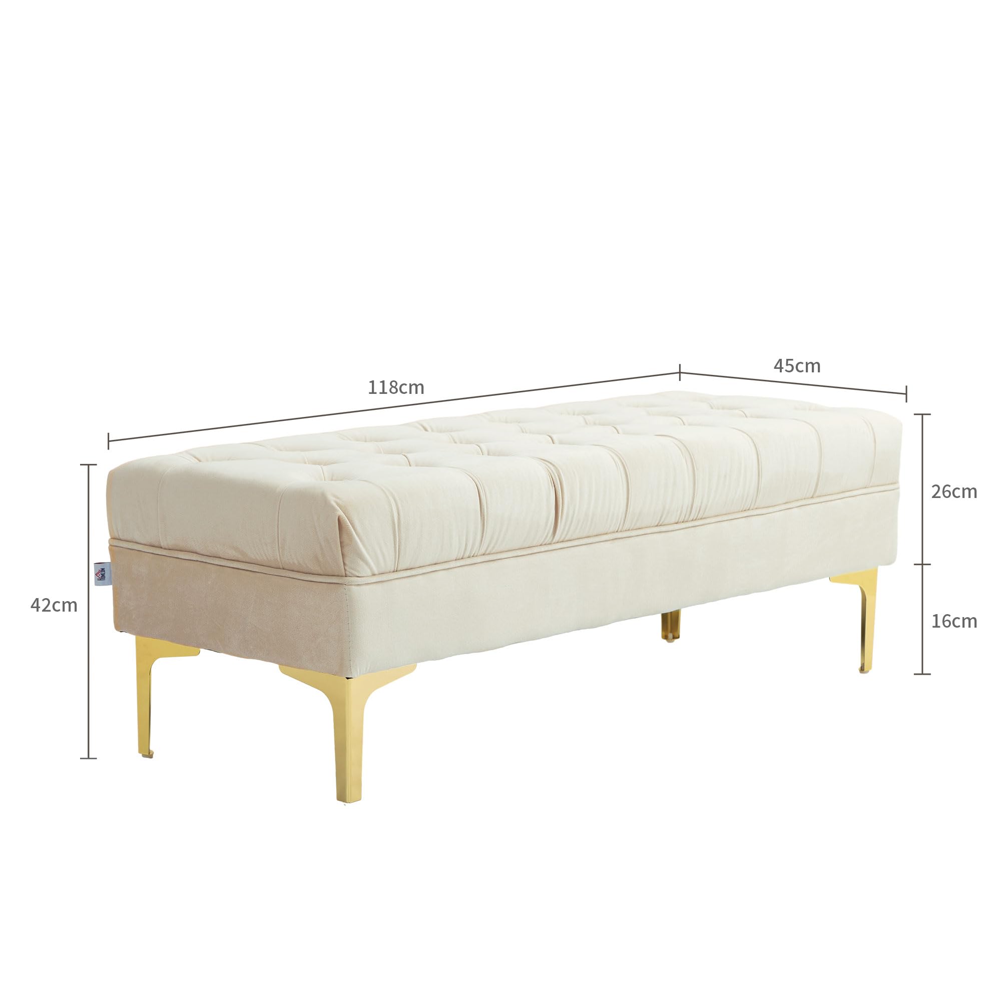 HOMCOM Banco tapizado al Final de la Cama Estilo clásico Chic Dim. 118L x 45W x 42H cm Base de Metal Dorado Terciopelo Beige