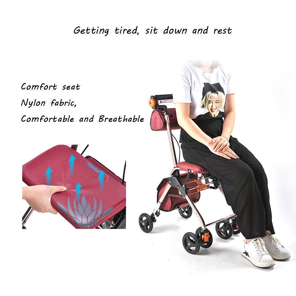 Rollator Walker z siedziskiem, pomoce do chodzenia, 4 kółka, przenośny, składany, wspomagający poruszanie się, podwójny system hamulcowy, czerwony