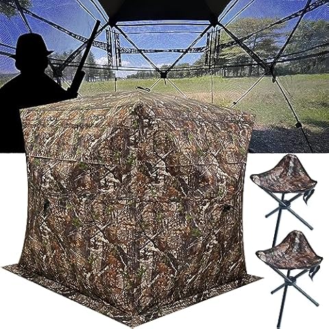 CROSS MARS Portable 2-3 Person 270 Degree See Through Hunting Blind Ground Camouflage Pop Up Turkey Deer Blinds Tent with 2 Stools Cover
