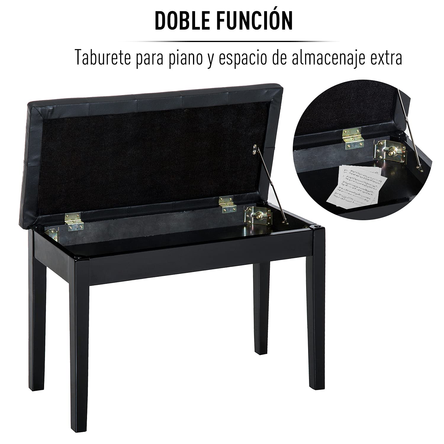 HOMCOM Banco de Piano con Almacenamiento, Banqueta de Piano con Asiento de Cuero Sintético, Patas de Madera, Carga Máxima 200 kg, 76x36x50 cm, Negro