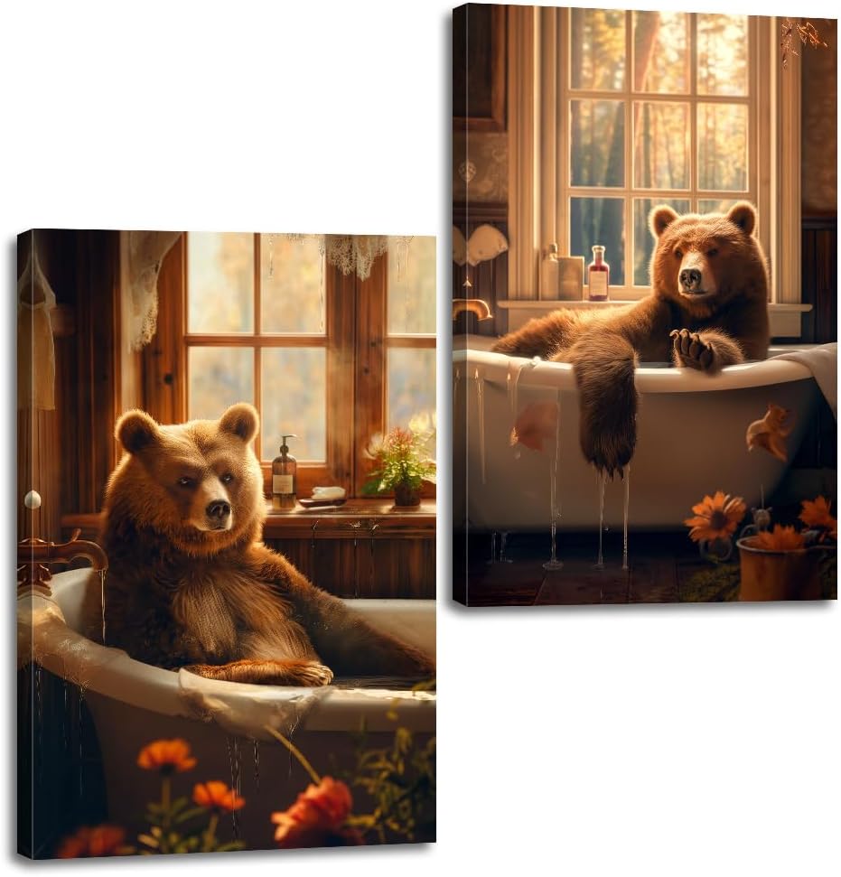 Funny Animal Canvas Wall Art Bathroom Bear Pictures Wall Decor Wild Animal Paintings for Bathroom Toilet Decor Framed(Animal-3,11.00" x 14.00" x 2PCS)