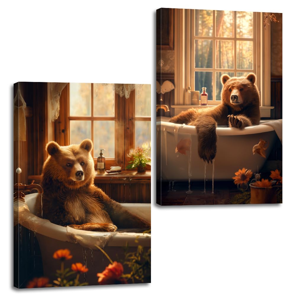 Funny Animal Canvas Wall Art Bathroom Bear Pictures Wall Decor Wild Animal Paintings for Bathroom Toilet Decor Framed(Animal-3,11.00" x 14.00" x 2PCS)
