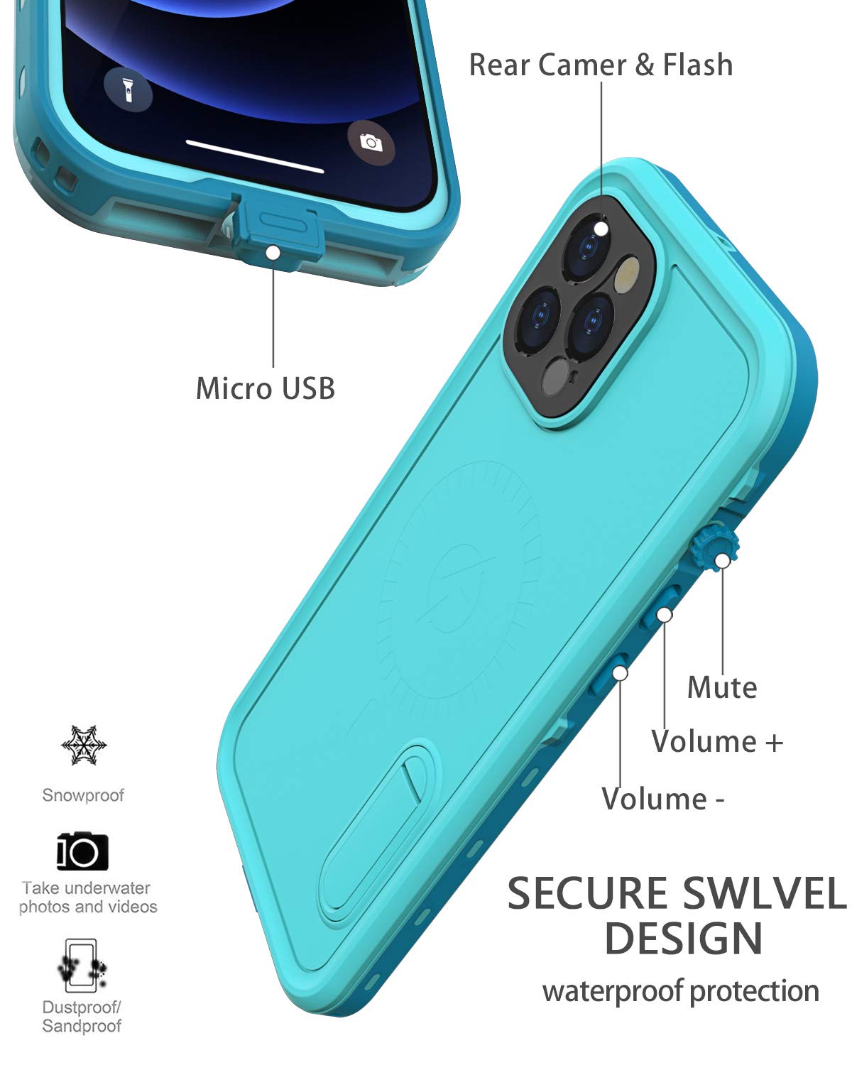 Diverbox Diseño para iPhone 12 Pro Max Funda impermeable con soporte de soporte, duradera a prueba de golpes, con protector de pantalla integrado para iPhone 12 Pro Max de 6.7 pulgadas, solo azul