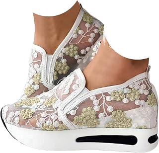 Zapatillas de deporte para mujer, color blanco, blanco, ligero, suave, negro, informales, planas, zapatillas de deporte de moda, transpirables, con encaje bordado