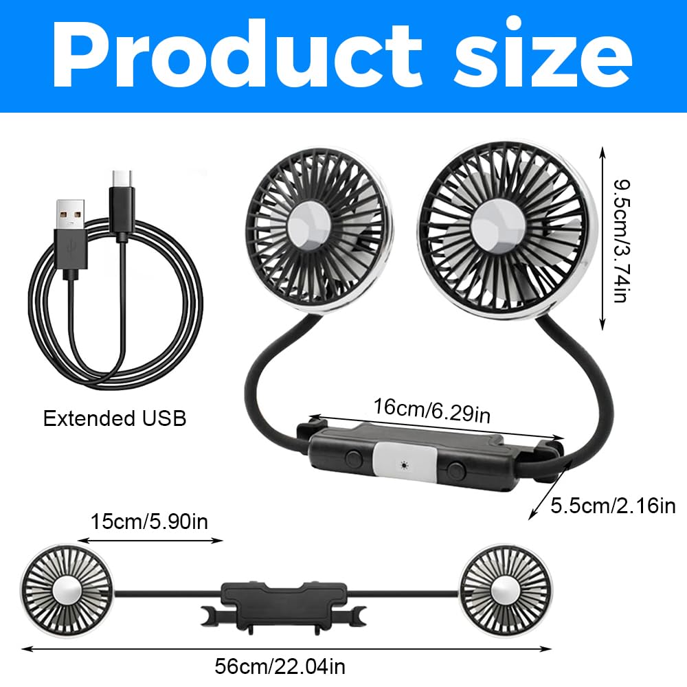 Ventilateur De Voiture, Ventilateur Voiture à Double Tête, Passager Arrière Ventilateur De Refroidissement 3 Vitesses Et Rotation à 360° Ventilateur, Ventilateur Auto Pour Voitures,Camions,Suv