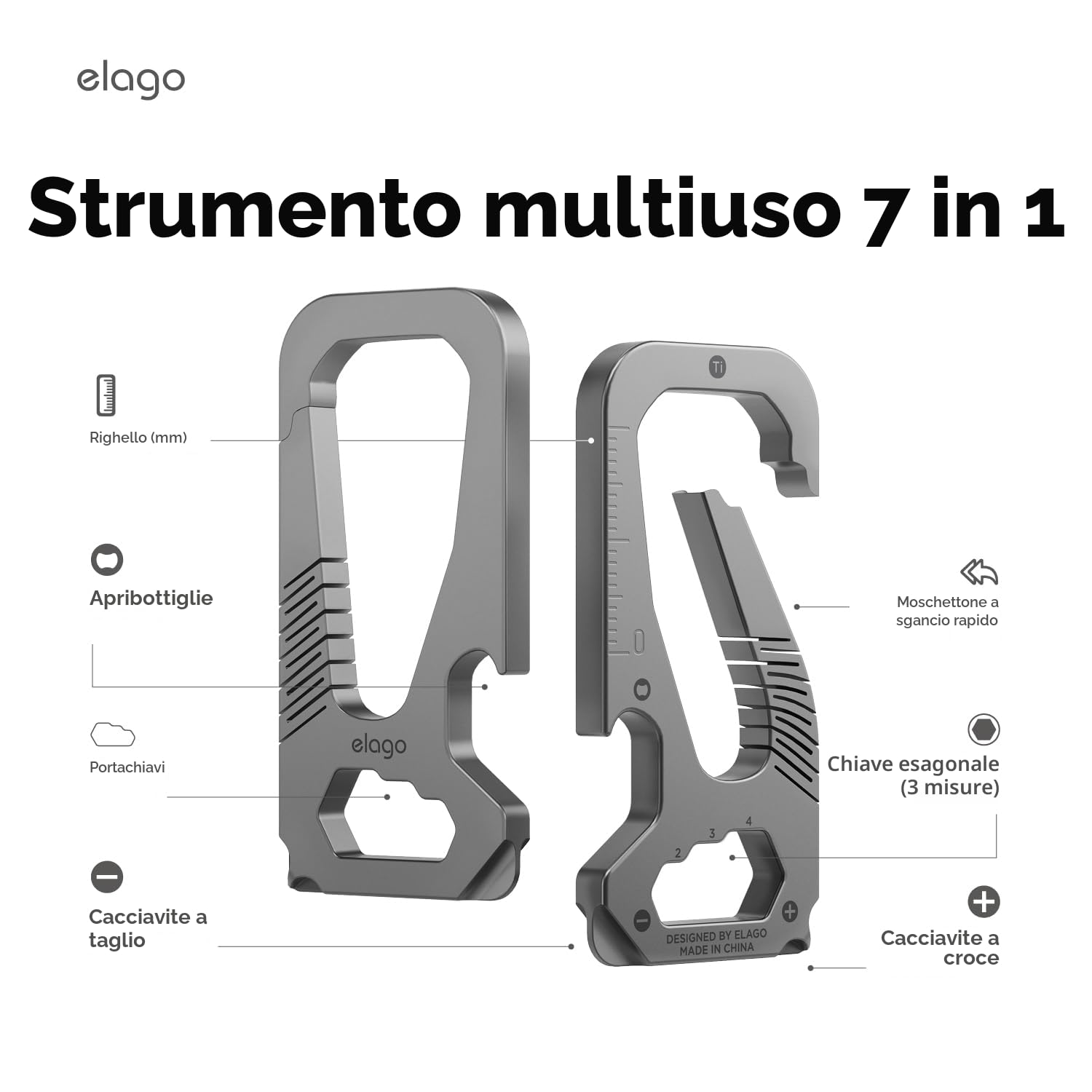 elago Moschettone Portachiavi in Titanio EDC Multifunzionale | con Cacciavite a Testa Piatta, Chiave Esagonale, Righello e Apribottiglie, Durevole, Leggero e Resistente
