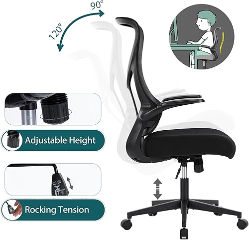 Miniatura 3 de Silla de oficina ergonómica, silla de escritorio de malla con reposabrazos abatibles, soporte lumbar, respaldo alto para el hogar, oficina,