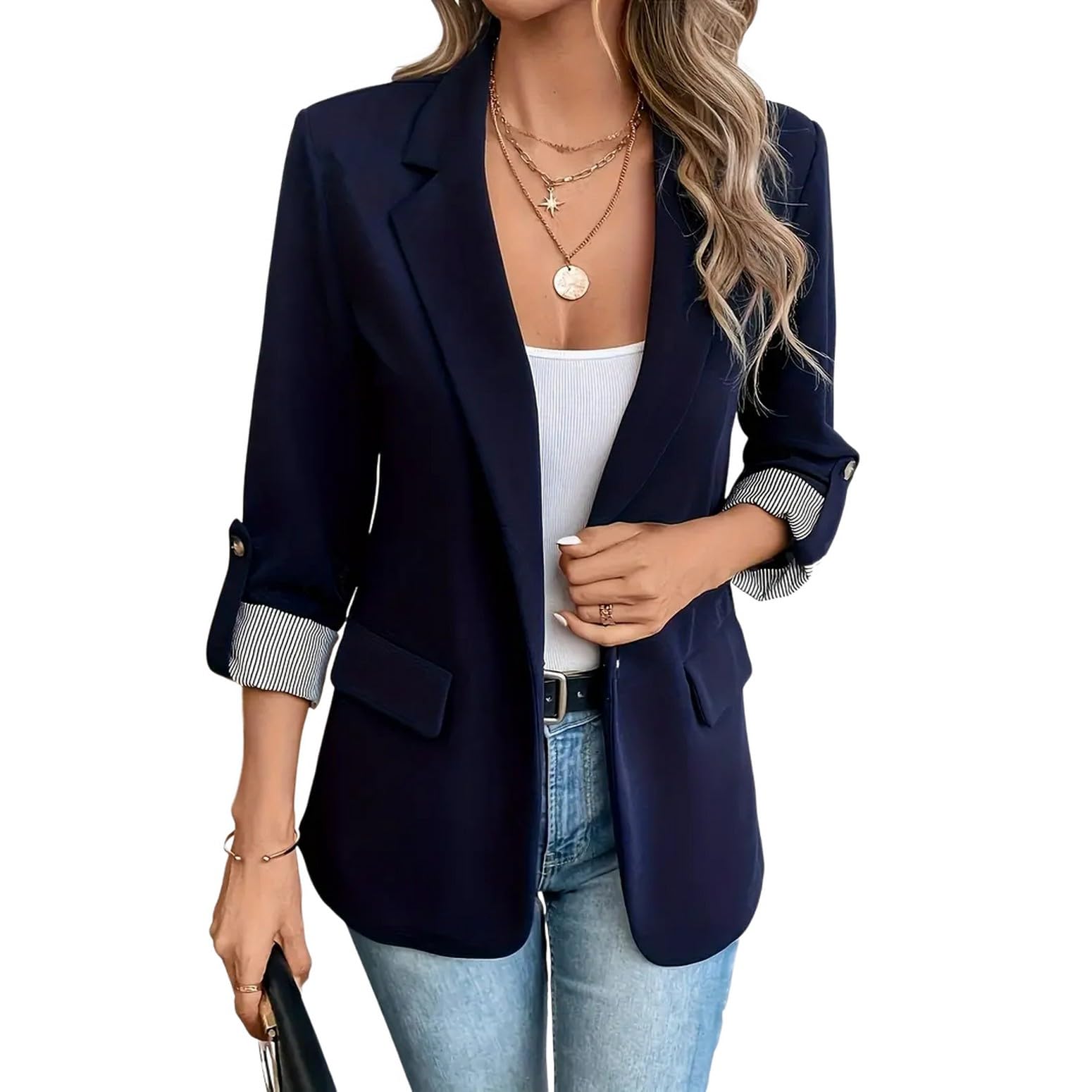 Womens 3 4 Sleeve Blazer Business Casual Suit Jacket Casual Coat Dressy Curvy Autumn
