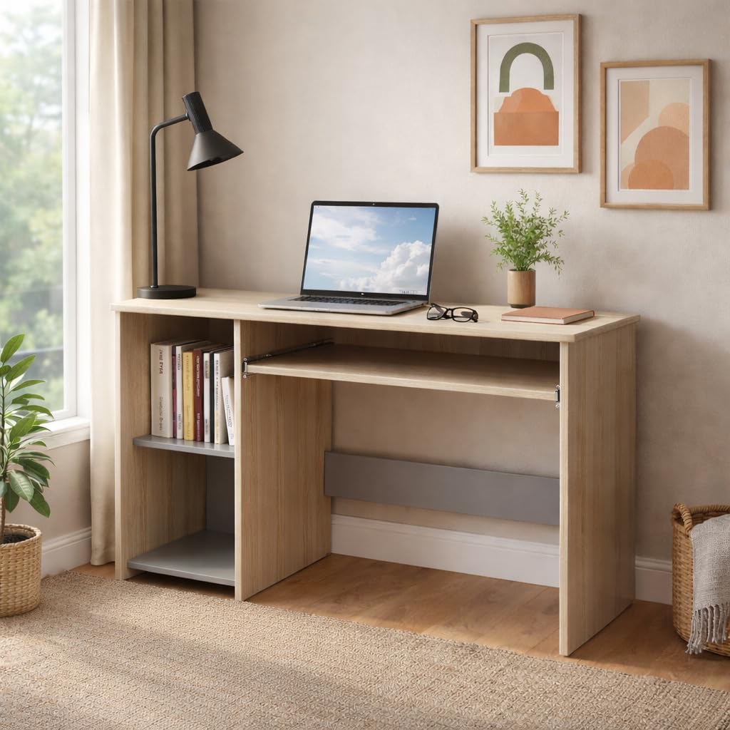 Engineered Wood Zen Desk Study Table, Computer Laptop Table with Keyboard Tray for Home, Office | Scratch Resistance | 2 Open Storage Shelves | 1 Year Warranty- Acacia Light with Grey-image-46