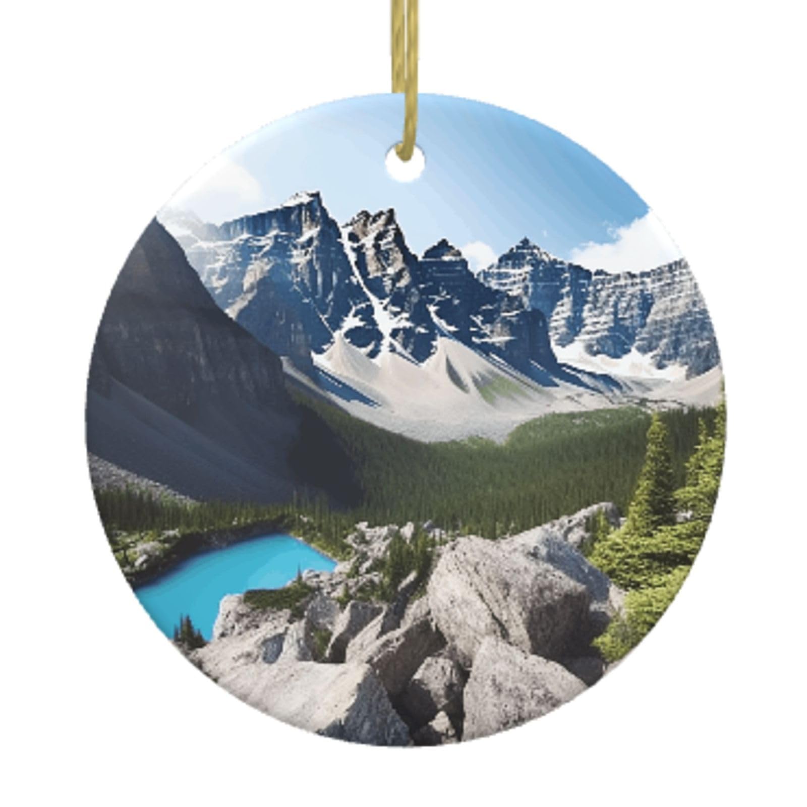 Ceramic Christmas Tree Hanging Ornaments with Gold Ropes Christmas Tree Decorations Round Ceramic Mountains Pendant Keepsake Decorations for Holiday Xmas Gift Ideas