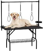 VFK 47" Large Foldable Dog Grooming Table - Adjustable Arms, Nooses, Anti-Slip Desktop for Home Pet Grooming Station (Black)