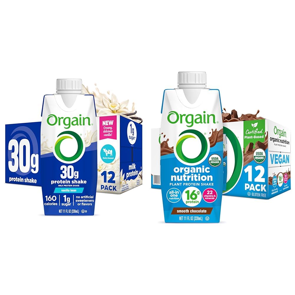 Bundle of Orgain 30g High Protein Shake, Vanilla Bean, 5g BCAAs, 11 Fl Oz + Orgain Organic Nutritional Vegan Protein Shake, Smooth Chocolate, 16g Plant Based Pr
