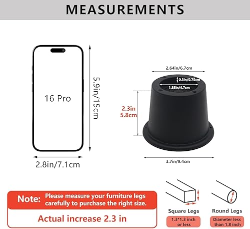 Miniatura 2 de Paquete de 6 elevadores de muebles de 2 pulgadas, elevadores de cama negros para sofá, escritorio, elevadores de marco de cama resistentes,