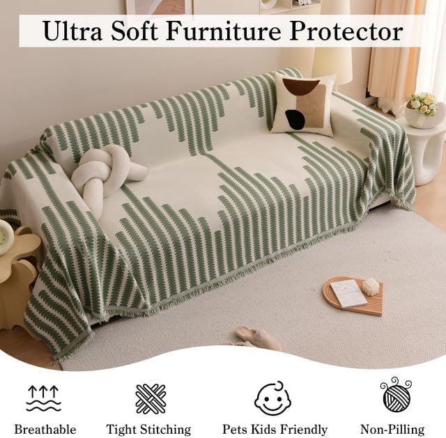 OKYUK Chenille Couch Covers,Magic Sofa Slipcovers Washable,Sectional Couch Covers,Chenille Throw Couch Covers with Tassel Cushion Covers Futon Cover Furniture Protector for Dogs Pets,71"*134",Green