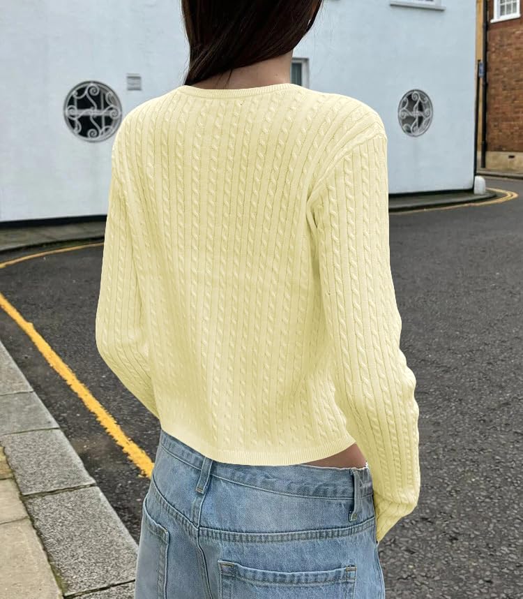 Image of Cioatin Women Cute Button Down Open Front Cable Knit Y2K Crop Sweater Cardigan Long Sleeve Pullover Fall Preppy Outfits 2025 Cream Yellow