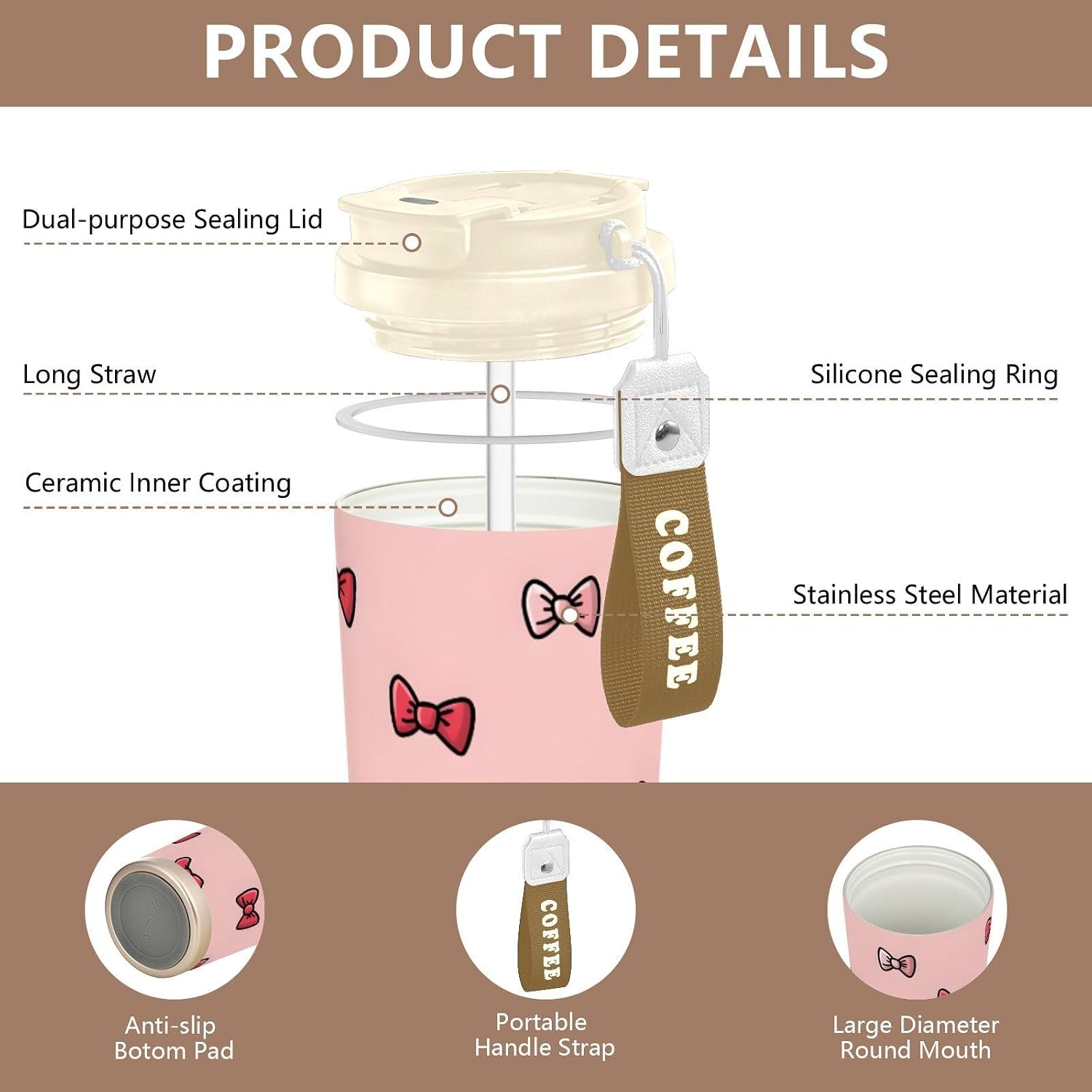Bow Seamless Cute Insulated Coffee Mug with Straw & Flip Lid, 16.9oz Iced Tumbler Cup, Double Wall Vacuum Mug for Travel Office
