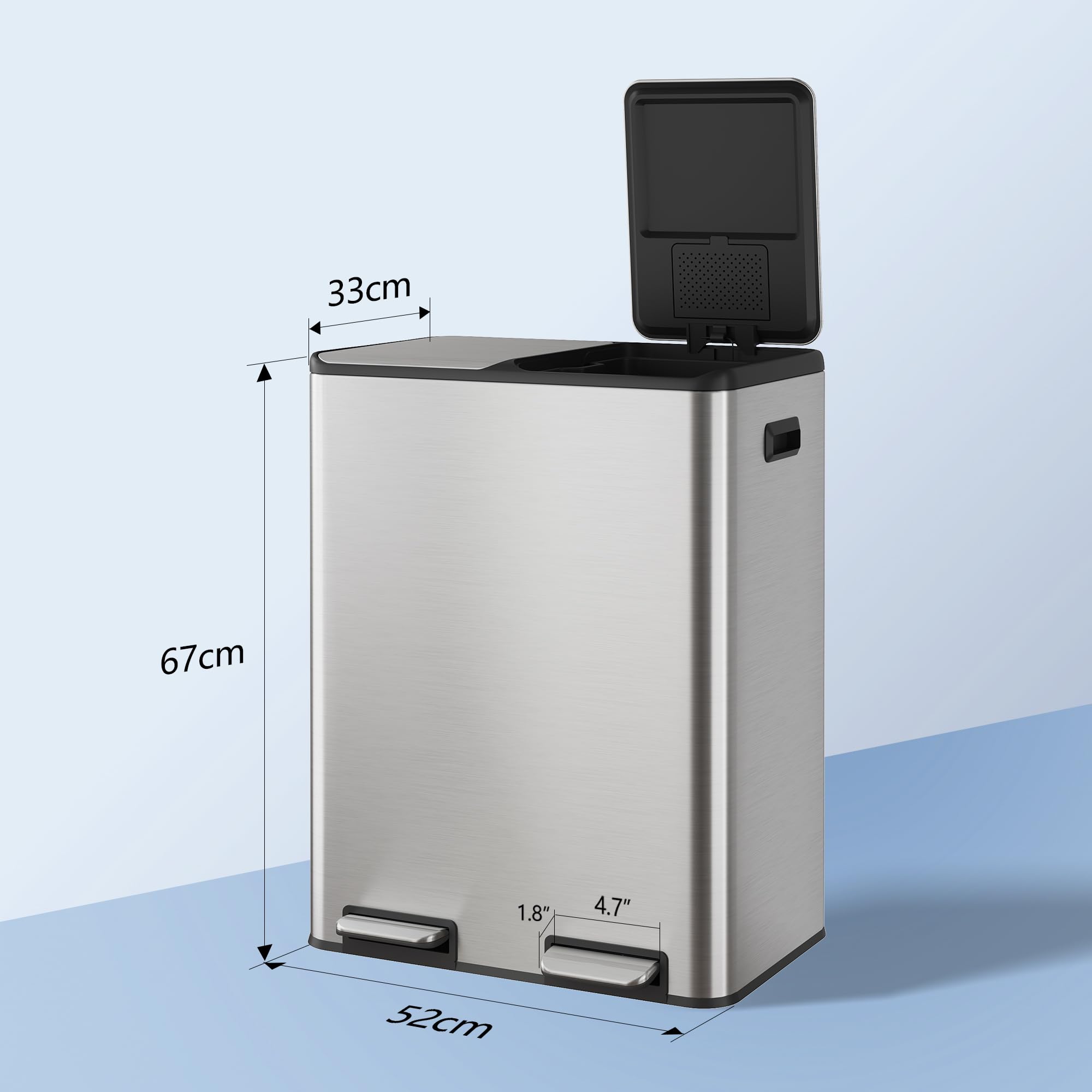 WLIVE Cubo de Basura 2 x 30L (60L en Total), Cubo de Basura para Cocina, Sistema de Reciclaje de Acero Inoxidable con 2 Compartimentos, Cubos Interiores de Plástico,Tapa Soft-Close,Plateado