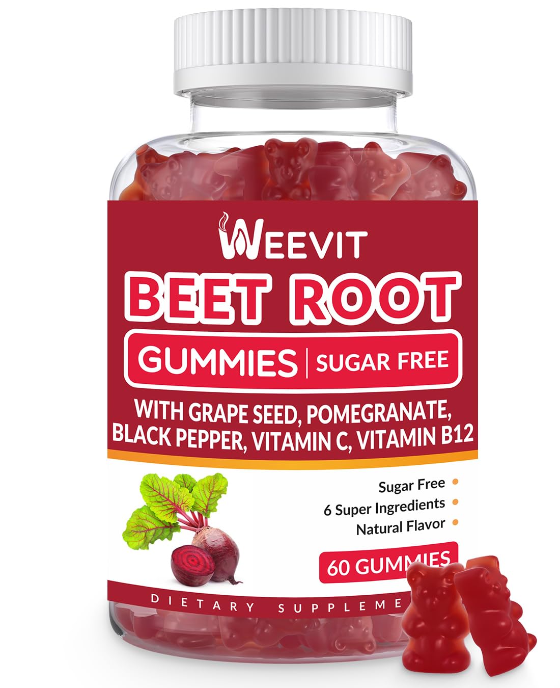 Sugar Free Beet Gummies with Grape Seed, Pomegranate, Black Pepper, Vitamin C, B12 | Nitric Oxide Booster for Men Women, Organic Beet Root Gummies