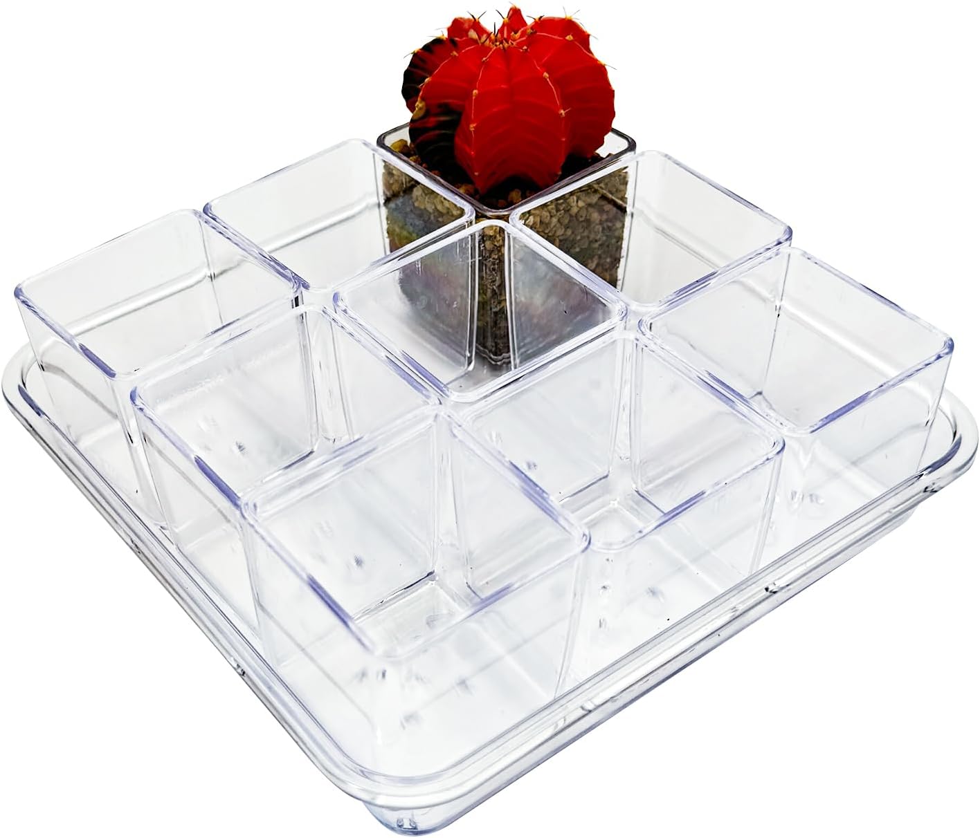 9pcs Mini Square Flower Pots with Tray, 1.7in Clear Plastic Planter with Drainage Hole - Lightweight Indoor Desktop Nursery Decorative Pot for Succulents, Cactus, Seedlings, Home Greenery