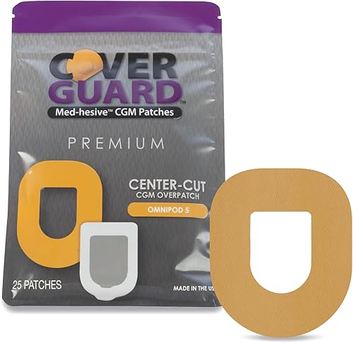 CGM Overpatch  Omnipod 5 insulina Pod  Diseño de corte central bronceado  25 unidades  Adhesivo impermeable  Antideshilachamiento  Fácil aplicación