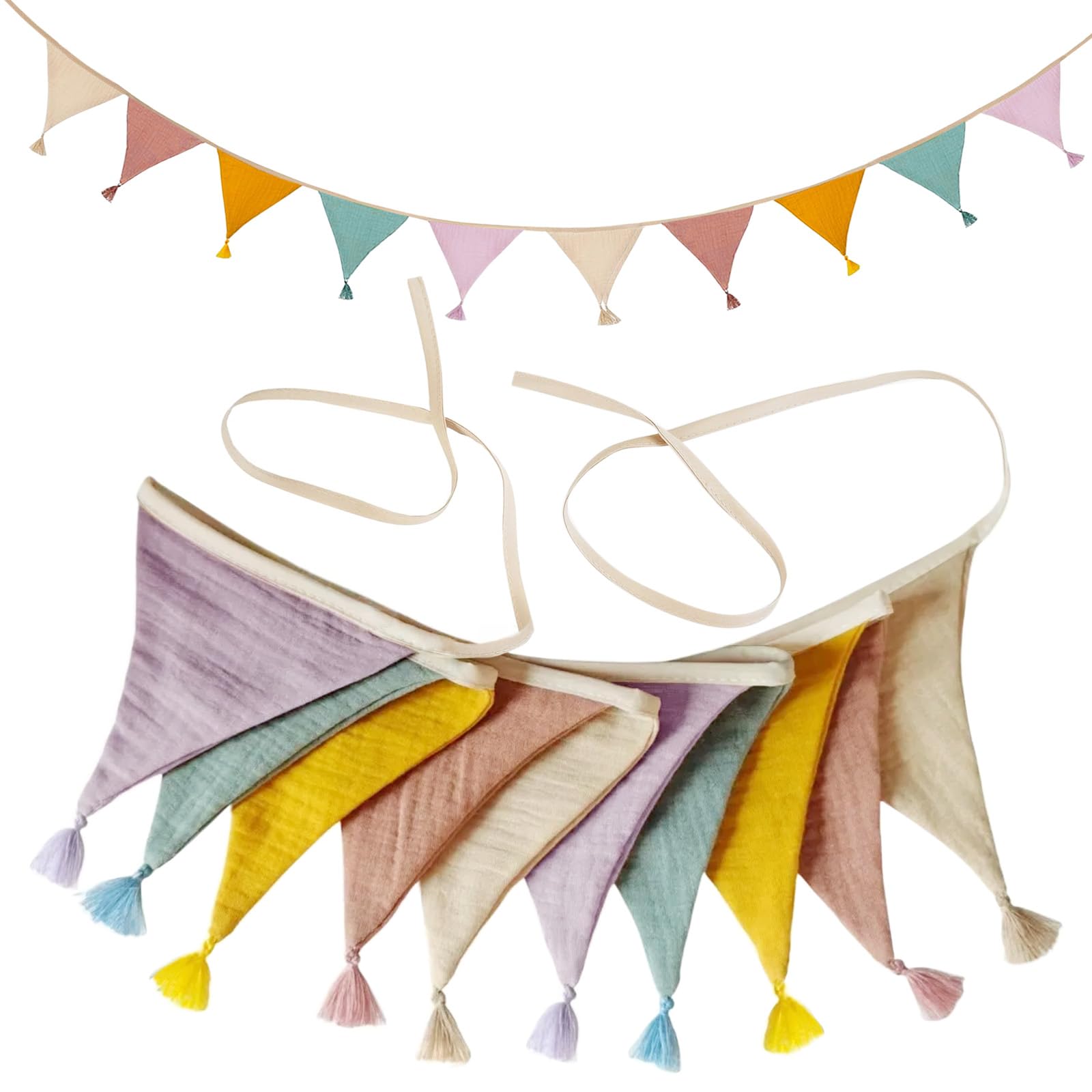AUNHOKE Fabric Bunting Banner with Tassel, 10 Pcs Double Sided Cotton Bunitng, 2.6m Nursery Bunting Decorations, Baby Bunting for Nursery, Garden, Brithday, Party, Bedroom Decoration