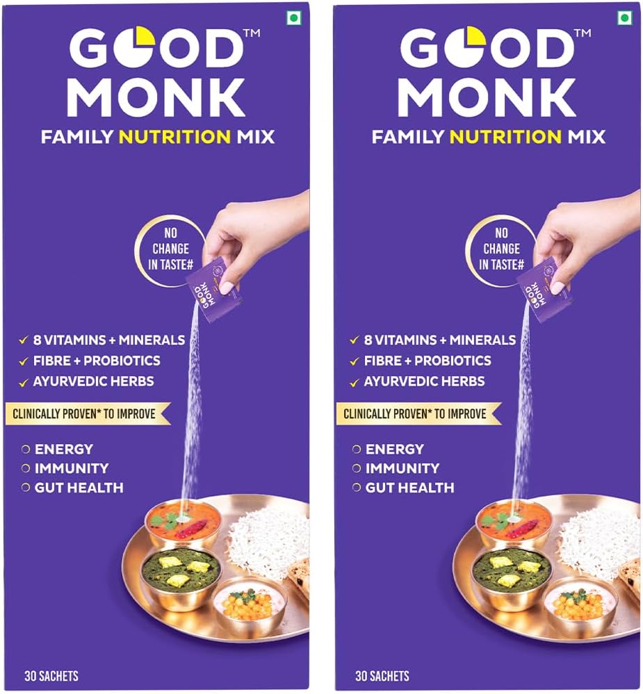 Good Monk Clinically Proven Multivitamin Mix for Kids, Men & Women | For Energy, Immunity, Gut Health | With Probiotics, Fibre, Vit B12, C, D, Iron, Zinc | Add To Food - No Taste Change | 60 Sachets
