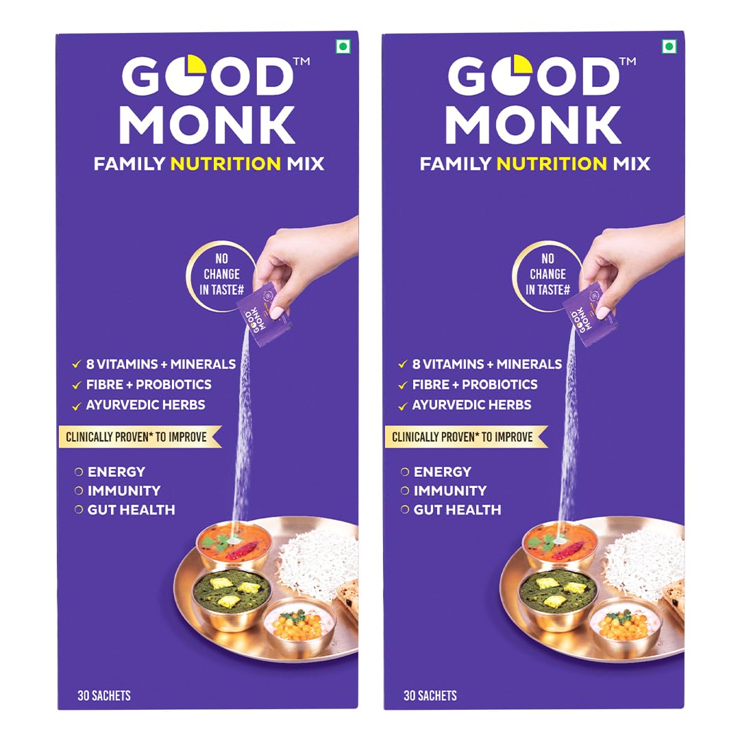 Good Monk Clinically Proven Multivitamin Mix for Kids, Men & Women | For Energy, Immunity, Gut Health | With Probiotics, Fibre, Vit B12, C, D, Iron, Zinc | Add To Food - No Taste Change | 60 Sachets