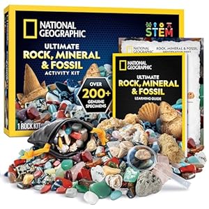NATIONAL GEOGRAPHIC Rock Collection Box for Kids – 200 Piece Gemstones and Crystals Set includes Geodes and Real Fossils, Rocks and Minerals Science Kit for Kids, A Geology Gift for Boys and Girls