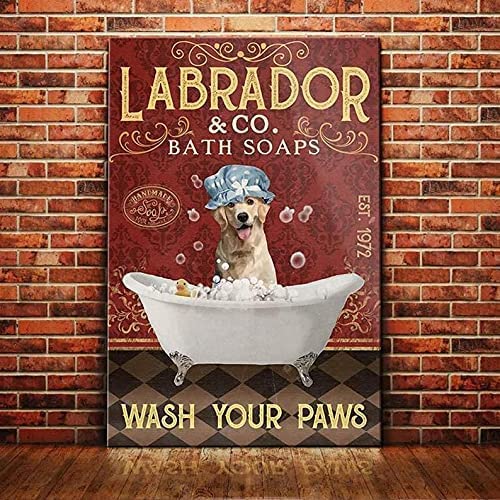 Targa in metallo vintage con labrador che beve caffè, decorazione