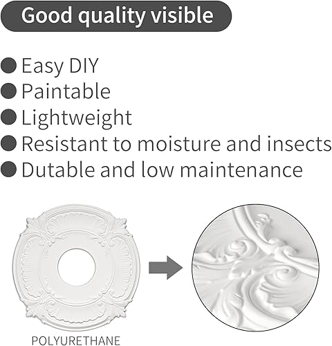 Miniatura 3 de ELFCAB Medallón de techo moldeado de poliuretano para lámparas y ventiladores de techo, 13 pulgadas de diámetro exterior x 3-12 pulgadas de diámetro
