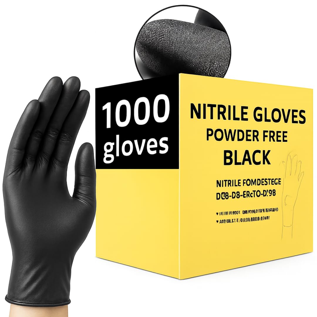 1000 guantes desechables de nitrilo negro, sin polvo, sin látex, multiusos, para uso industrial, mecánico, cabello y belleza, alimentos, limpieza (1000 guantes, grande)