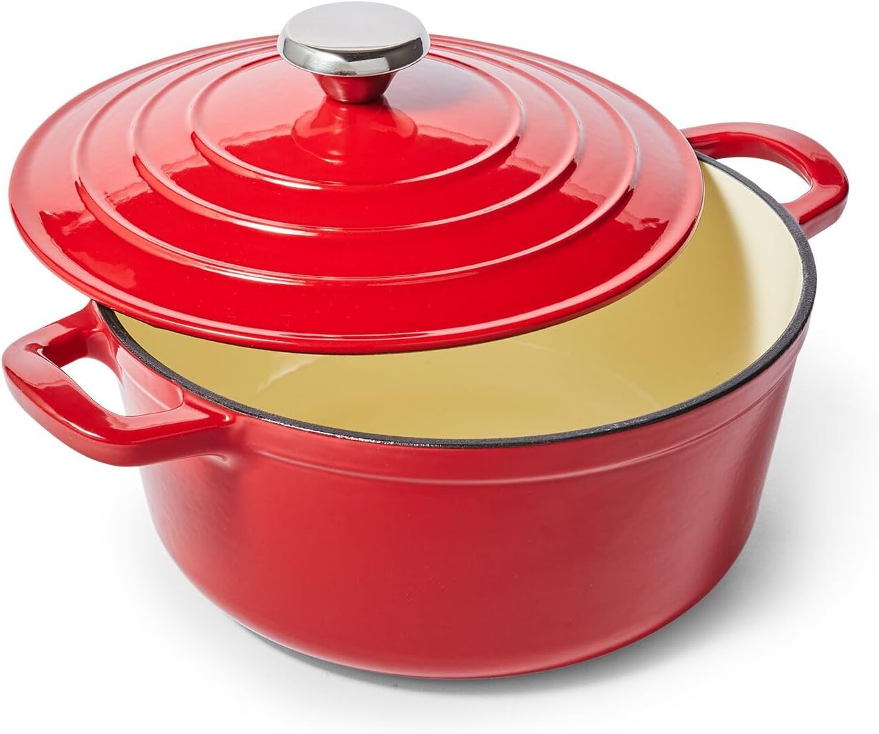 Sur La Table 4-Qt Enameled Cast Iron Dutch Oven – Oven & Broiler to 500°F, Induction Compatible, with Lid for Braising, Baking & Deep Frying, Nonstick Interior, Red