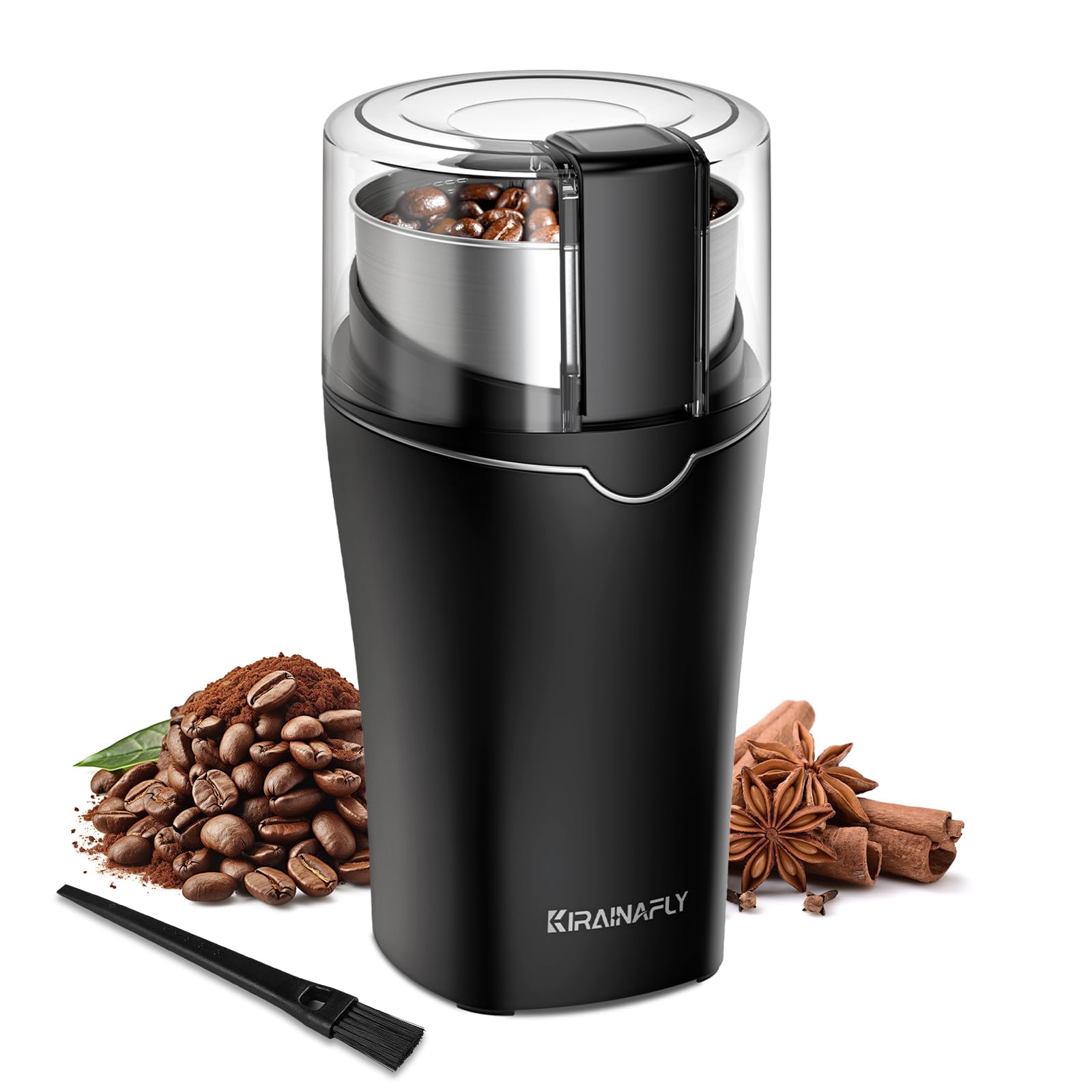Molinillo de Café y Especias, Molinillo de Café para Uso Doméstico, Tazón Extraíble de Acero Inoxidable, Perfecto para Granos de Café Especias Hierbas Linaza Granos y Frutos Secos, Plata Brillante