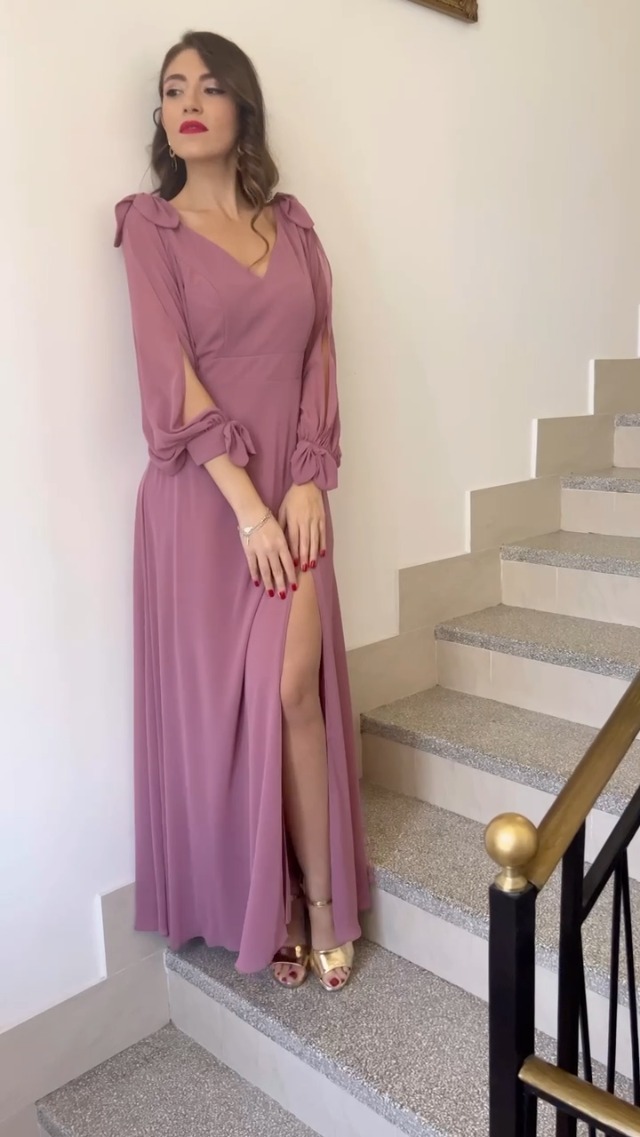 Ever-Pretty Robe Longue Soirée Femme Fendue Col V Mousseline Manches Longues Dos Nu Taille Empire Chic ES80116