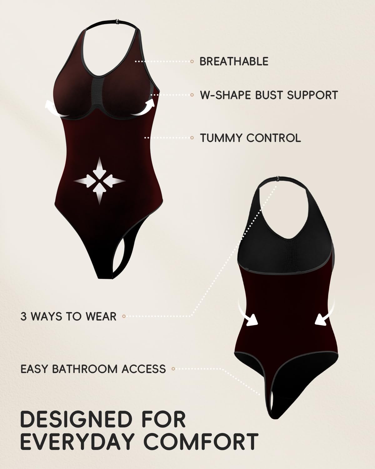 Halter Bodysuit with Adjustable Straps, Shapewear for Women with Tummy Control, Suitable for Daily Wear and Workouts