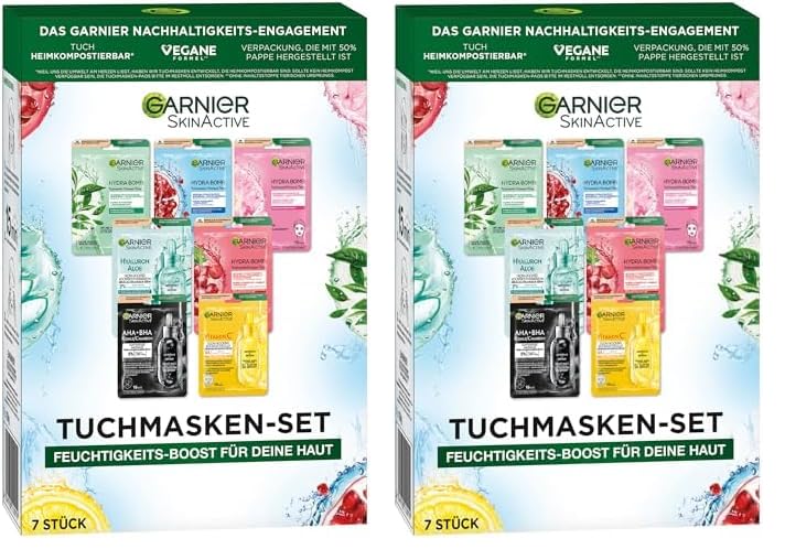 Garnier Tuchmasken Set für jeden Hauttyp, 7 Gesichtsmasken für trockene bis normale Haut, Vegane Formel mit Hyaluronsäure, Hydra Bomb und Nutri Bomb Maskenset, 7 x 28 g (Packung mit 2)