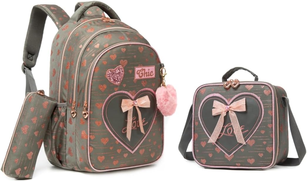 Conjunto de Mochila Infantil 3 Peças, Corações e Laço, Mochila Escolar com Bolsa Térmica e Estojo (Cinza)