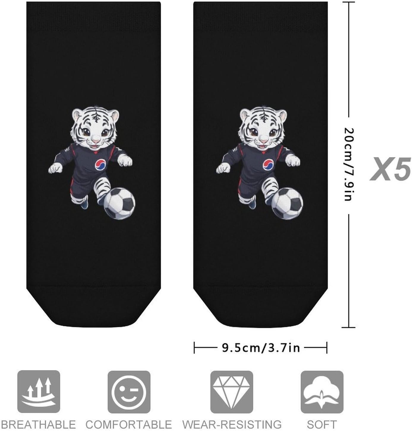 South Korean Soccer Football Fan Tiger 5 Pairs Ankle Socks Athletic Low Cut No Show Short Socks for Men Women