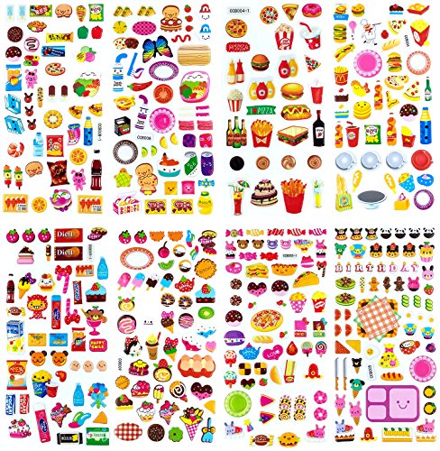 3D-SET008 - 8 Sheets of 3d Stickers For Kids (Food Stickers, Fruit Stickers, Vegetable Stickers) - Puffy Stickers - Dimensional Stickers - Cool Stickers - Size 3.75 X 7.5 Inch./sheet