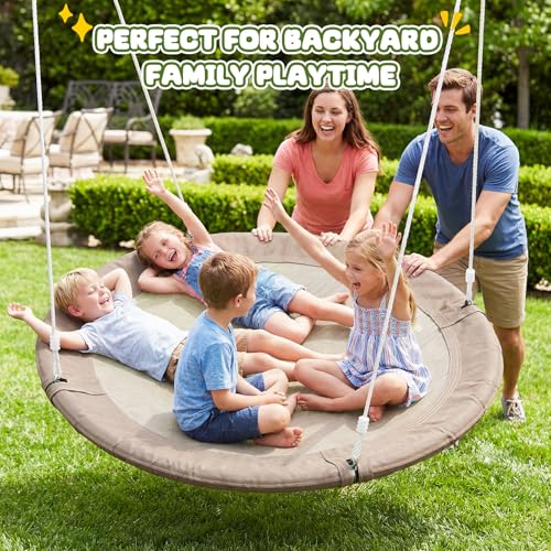 Image of Trekassy 60 inch Large Saucer Tree Swing for Kids Adults 900D Oxford Waterproof with 2pcs Hanging Straps, Taupe