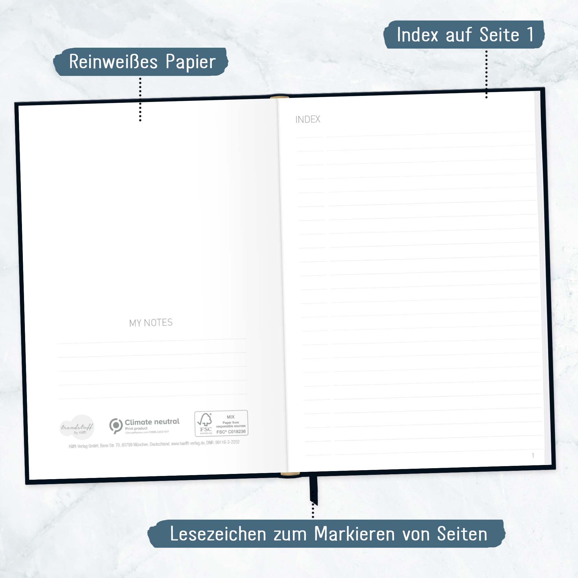 Notitieboek A5 gelinieerd Black Marble van Trendstuff by Häfft - 124 pagina's, 62 vellen - ideaal als dagboek, journal, ideeënboek - duurzaam & klimaatvriendelijk