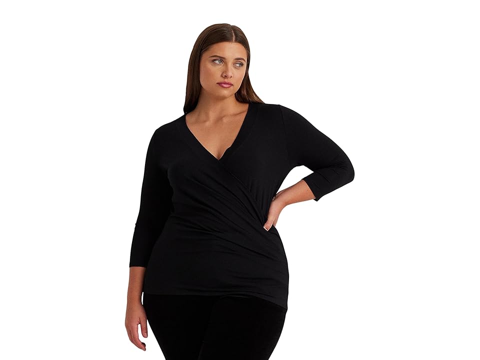 LAUREN Ralph Lauren Plus Size Wrap Style Jersey Top (Polo Black) Women's Clothing INTERNATIONAL SHIPPING